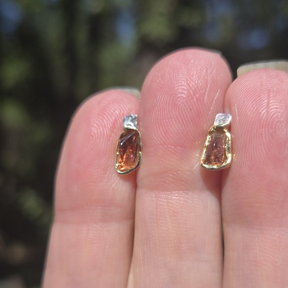 Tangarine Tourmaline Natural Sterling & Gold Stud Earrings - Picture 4 of 8